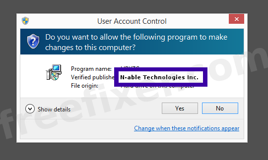 Screenshot where N-able Technologies Inc. appears as the verified publisher in the UAC dialog